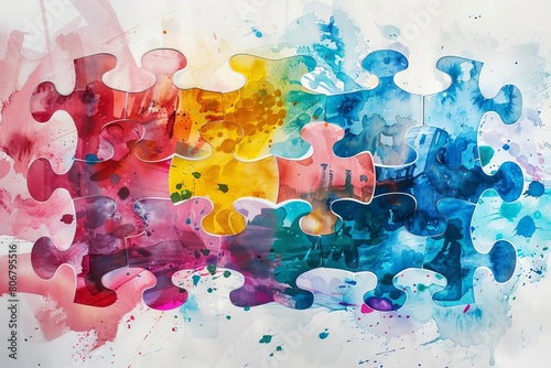 interlocking puzzle pieces with colorful watercolor texture symbolizing diversity and connection abstract design