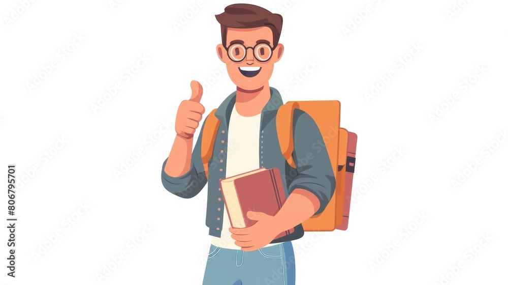 Student Male. Happy Young Man with Books, Smiling and Giving Thumbs Up