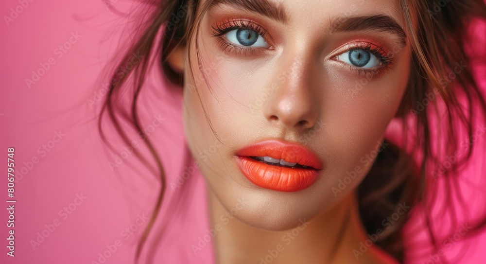 Beautiful Woman Lips. Fashion and Beauty Portrait of a Young Brunette Woman with Bright Pink Makeup Beautiful Woman Lips. Fashion and Beauty Portrait of a Young Brunette Woman with Bright Pink Makeup