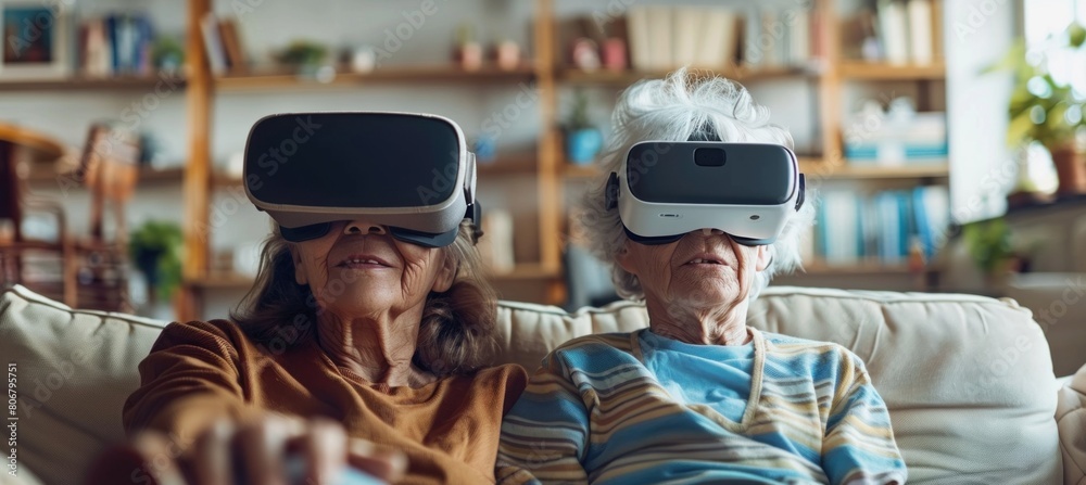 Fototapeta premium Two elderly women sharing fun event, wearing VR headsets on couch