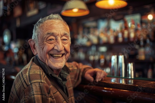 Smiling Senior Man at the Bar. Portrait of Happy Elderly Man Enjoying His Time with People