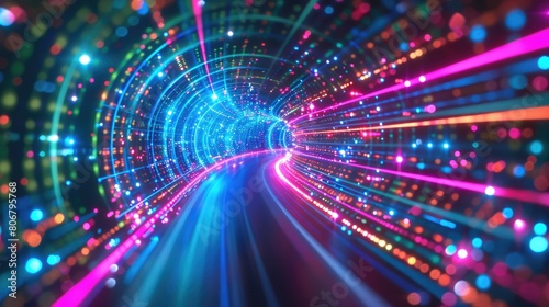 Neon Lights Abstract. Futuristic Cyber Technology Tunnel with Vibrant Colors