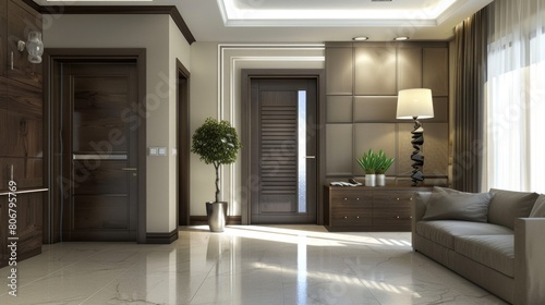 Home Interior Door. Modern 3D Rendering of Living Room with Sideboard and Cabinet