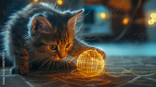 A kitten is playing with a golden ball, a curious display of curiosity and exploration. Generative AI illustration  photo