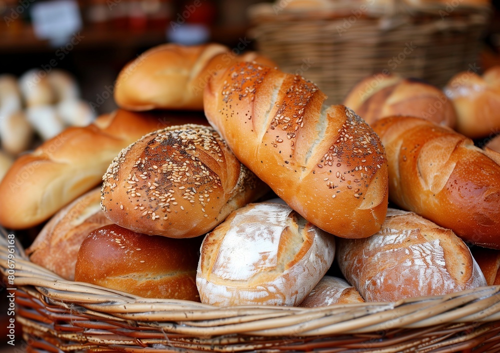 Assorted Freshly Baked Breads in Wicker Basket at Artisan Bakery