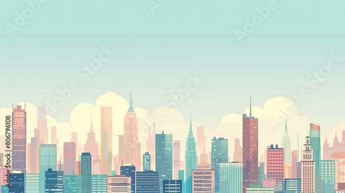 Flat design illustration of a cityscape with skyscrapers  buildings and other urban architecture against a clear sky with clouds