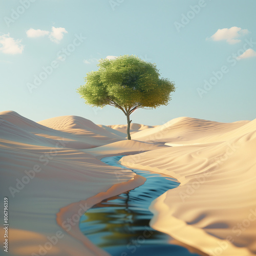 A single  green tree standing amidst a vast desert of sand. Incorporate a narrow stream flowing from one end to another, indicating the movement of air that is very natural. photo