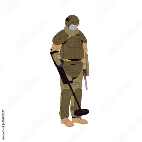 Army sapper searches mines on battle field with metal detector. Soldier in protective suit detects bombs on minefield with military equipment. Armed force. Flat isolated vector illustration on white