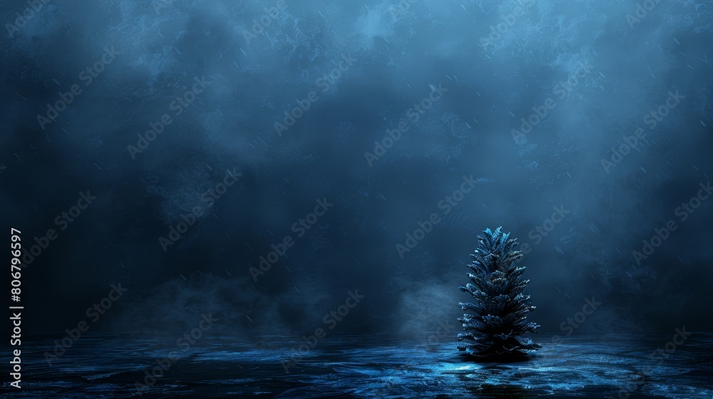Fototapeta premium A small fir tree stands in the center of a tranquil body of water, mirrored image undisturbed Amidst the scene, a dark and moody sky heavy with