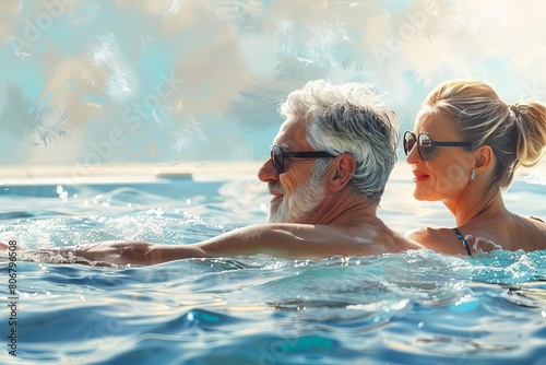 mature senior couple relaxing in pool enjoying spa break symbolizing longlasting love digital painting