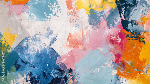 painterly abstract print featuring expressive brushstrokes and textured layers of paint with vibrant colors and dynamic patterns that evoke a sense of  perfect for adding a pop of color to eclectic photo