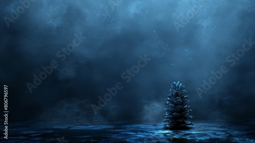   A small fir tree stands in the center of a tranquil body of water  mirrored image undisturbed Amidst the scene  a dark and moody sky heavy with