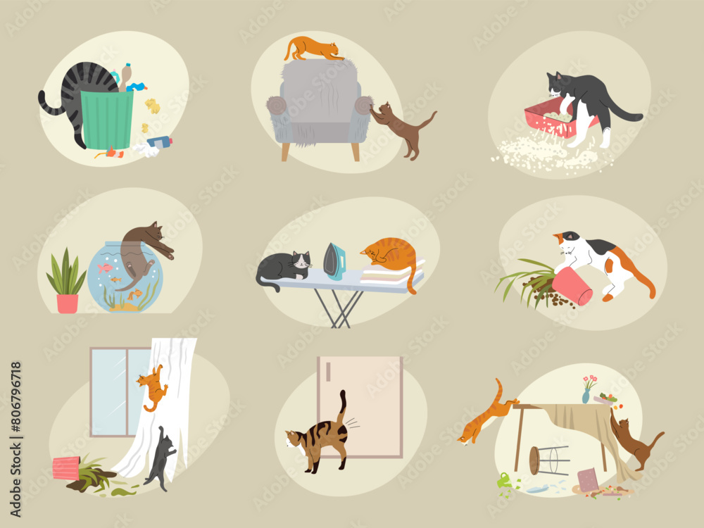 Naklejka premium Behavior cats. Domestic pets kitten destroying home rooms indoor scratching furniture recent vector cats pictures in flat style
