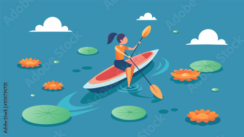 A paddler gracefully gliding past a group of floating lily pads their focus unbroken despite the tranquil surroundings.. Vector illustration