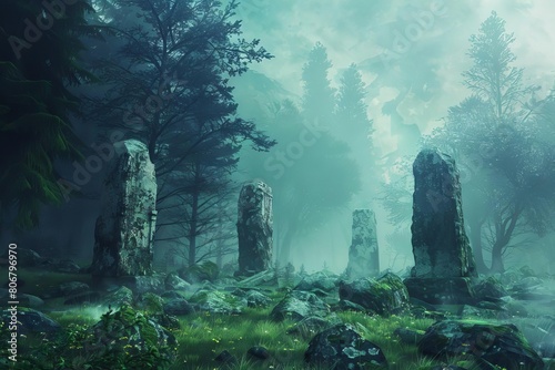 mysterious ancient stone ruins in misty forest clearing atmospheric video game concept art