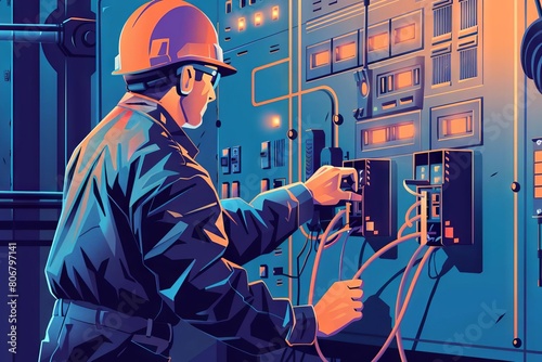 professional electrician repairing switchboard connecting electrical cable industrial work digital illustration photo