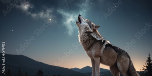 wolf howling in front of the full moon photo