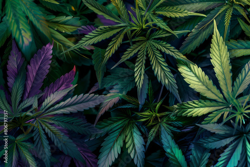 Vibrant cannabis leaves in neon light. Purple colored marijuana background