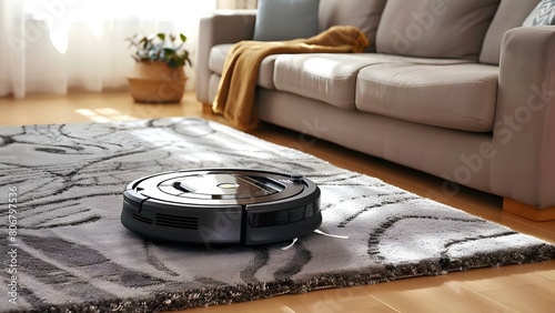 Robot vacuum cleaning new living room carpet. Concept Smart home living, Cleaning technology, Efficient home appliances, Modern home maintenance, Convenience and automation photo