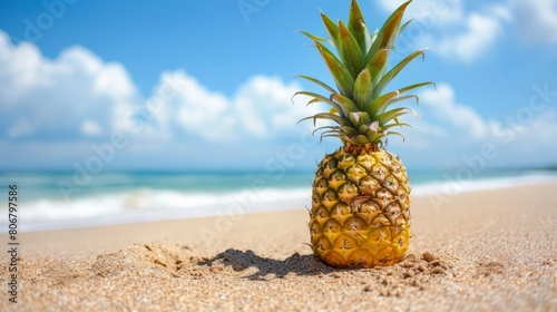   A pineapple atop a sandy beach, near the tranquil ocean; above, a blue sky dotted with wispy clouds