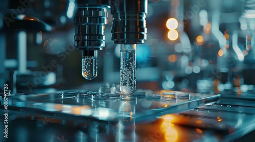 High-Tech Microscopy in Pharmaceutical Research Lab,Ultra-modern laboratory featuring high-tech microscopes and vibrant chemical samples, emphasizing advanced pharmaceutical research.