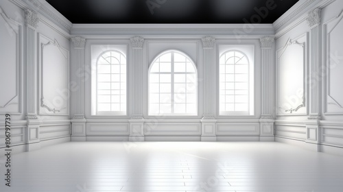 3d render of a white room with large windows. background
