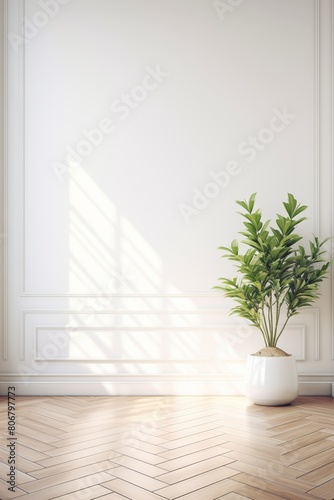 3d rendering.  A bright and airy room with a large potted plant in the corner. The walls are white and the floor is a light wood.background