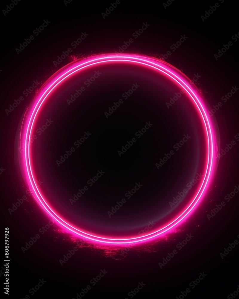 A glowing pink neon circle on a black background. A glowing pink neon circle on a black background.