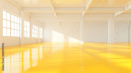 3d rendering.  A large empty room with yellow glossy floor and white walls illuminated by sunlight from the windows.