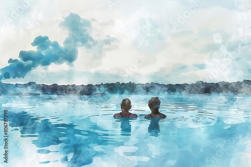 serene elderly swimmers in ethereal blue lagoon embracing vitality and tranquility amidst icelands geothermal wonders watercolor illustration photo