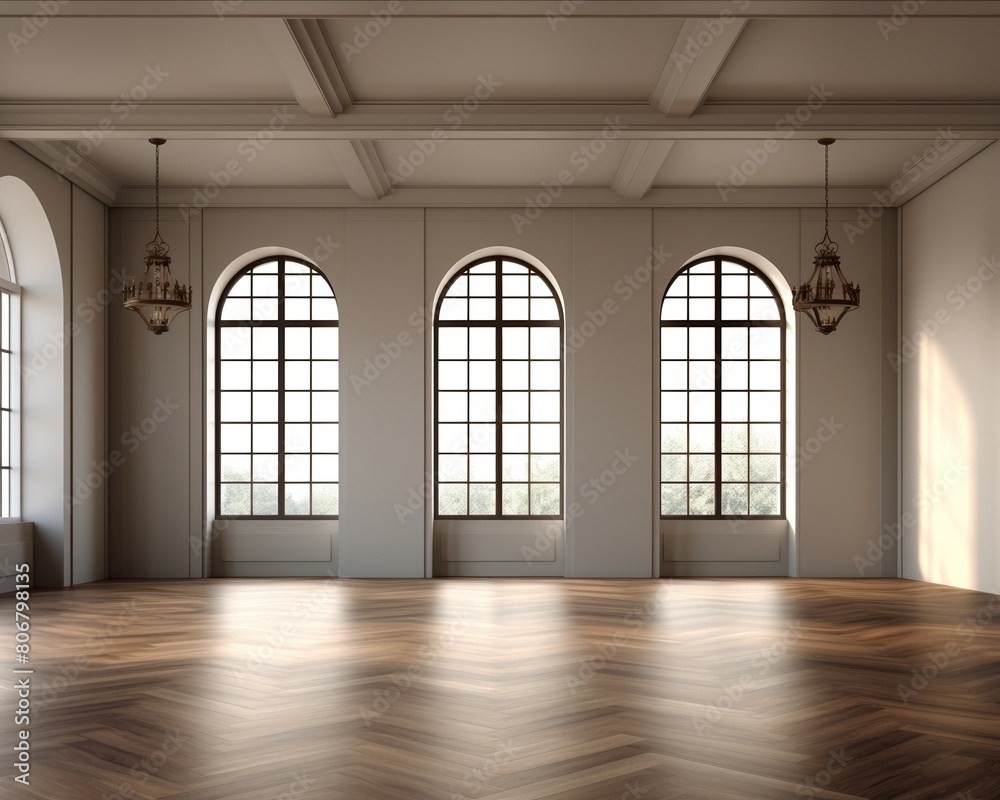 3d rendering.   An empty room with three arched windows and a wooden floor.