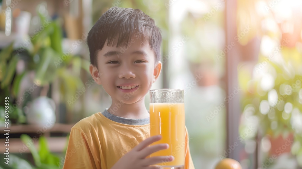 adorable kid drinking a glass of orange juice on a blurry light background. having breakfast. adorable kid drinking a glass of orange juice on a blurry light background. having breakfast.