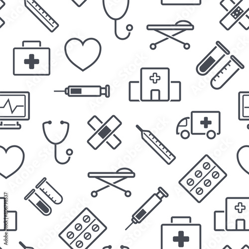 Vector seamless medical pattern, hospital icons, health care, clinic background. Black and white line emergency, pharmacy illustration. 