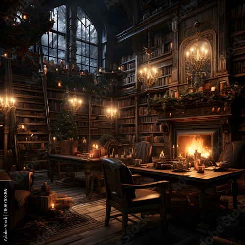 Interior of an old library with books and candles in the foreground