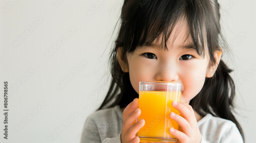 adorable kid drinking a glass of orange juice on a blurry light background. having breakfast. adorable kid drinking a glass of orange juice on a blurry light background. having breakfast.