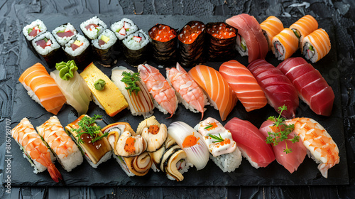 Assorted sushi nigiri and maki big set on slate photo
