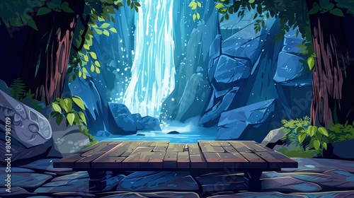 Empty Table Top Of Old Wood Near A Waterfall, Cartoon Background