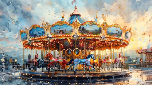 Nostalgic illustration of a vintage carousel with brightly painted horses and decorative lights