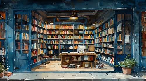 Antique watercolor artwork of a vintage bookstore filled with old books and cozy reading nooks