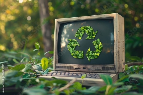 sustainable electronic waste recycling desktop computer with vibrant green recycle symbol promoting responsible ewaste disposal digital illustration photo