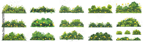 set of cartoon green grass and leaves bushes leaf.