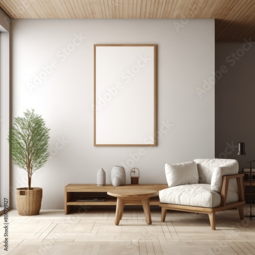 Spacious minimalist interior featuring a large frame mockup on a textured cream-colored wall.