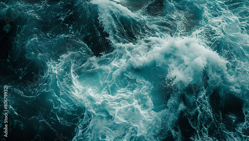 top view of sea blue water with white foam rolling in ocean, turbulent waves, dark and dramatic seascape, powerful ocean currents,wide ocean background 16:9, sea wallpaper , Storm