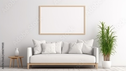 Minimalist style frame mockup on a light wall, in a room emphasizing minimal furnishings and spacious design,