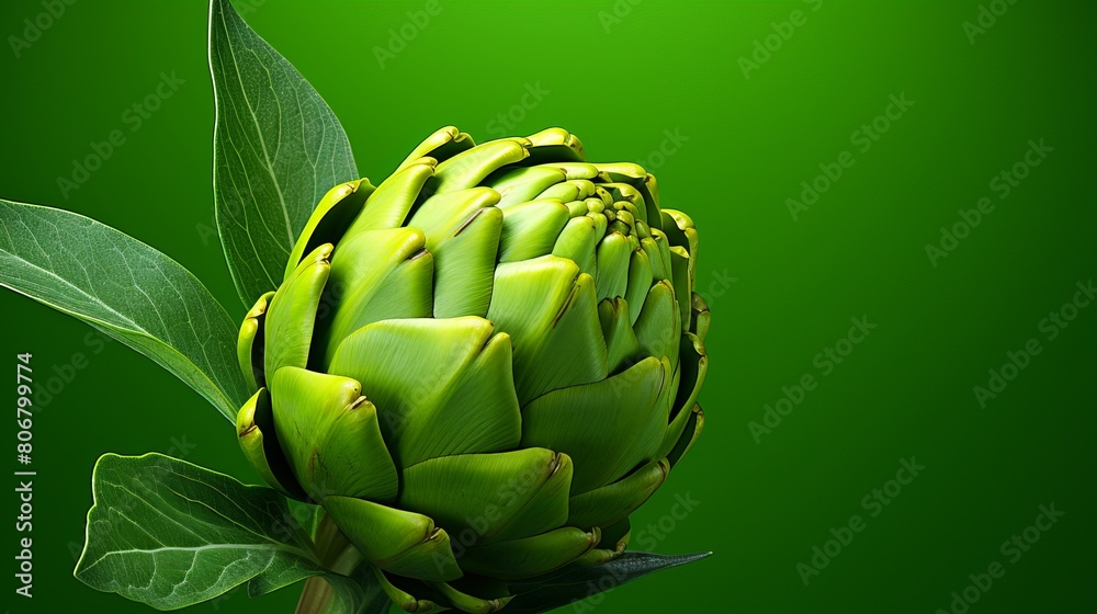 Obraz premium A vibrant green artichoke with leaves, set against a matching green background
