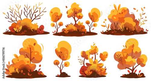 set of cartoon orange autumn grass and leaves fall leaf.