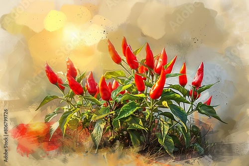 vibrant calabrian chili pepper plants thriving under mediterranean sun digital painting photo