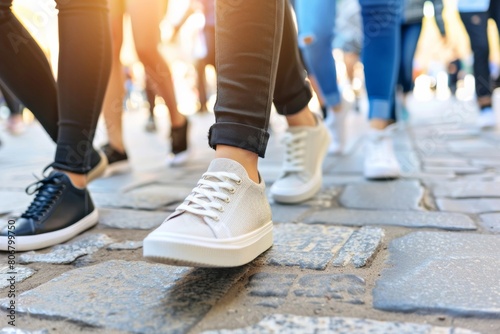 Close-up of Pedestrian s Shoes Walking on Urban Street - City trip Travel journey  Dynamic Motion  March Protest