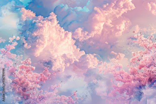 whimsical cotton candy clouds and cherry blossom trees in pastel dreamscape ai generated artwork