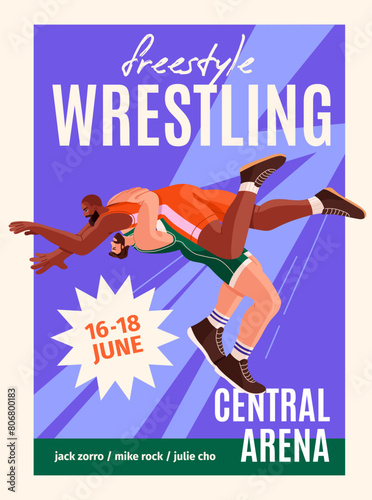 Promo of international freestyle wrestling competition. Professional wrestlers during sport battle on advertising poster. Fighter raises and throws athlete. Greco roman fight. Flat vector illustration